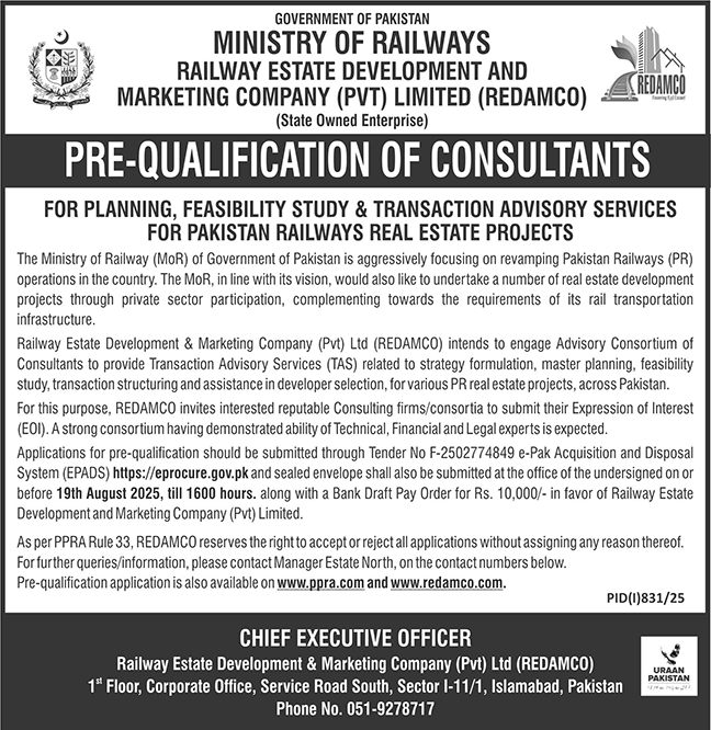 Ministry of Railways Islamabad Tender Notice